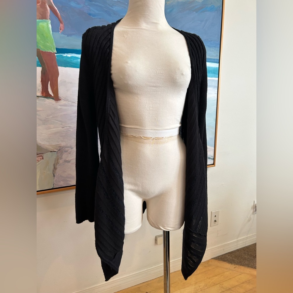 EILEEN FISHER Black Felt Ladder Italian Asymmetrical Hem Wool Cardigan, Sz L - Picture 14 of 14